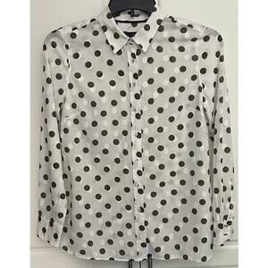 Talbots Classic Cotton Button Front Shirt White w/Green White Dots Size S